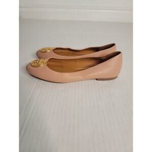 Tory Burch Benton Ballet Flat Womens Sz 8 Mute Pink Leather Gold Logo